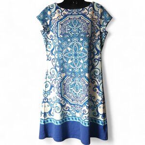 ISAAC MIZRAHI LIVE! Blue White Mandala Dress X Small Porcelain Print
